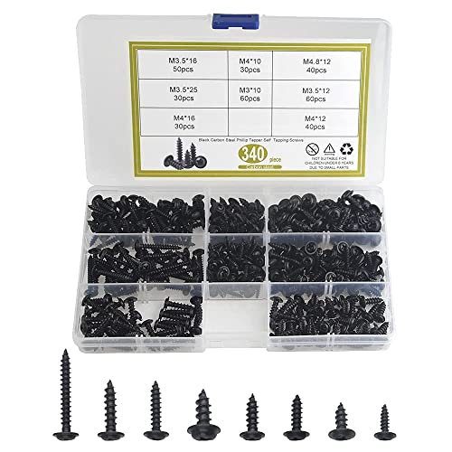 BGTXINGI 340 Stück 8 Arten M3 M3.5 M4 M4.8 schwarze selbstschneidende Schraube schwarzes Finish Edelstahl Kreuzschlitz Kreuzschrauben Sortiment Kit gesammelt in einem praktischen Koffer von BGTXINGI