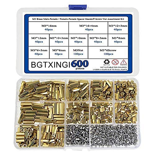BGTXINGI 600pcs M3 Messing Stecker-Buchse/Buchse-Buchse Distanzstück Abstandshalter-Schraubenmutter-Sortiment und Edelstahl-Schraubenmutter-Set (Messing M3) von BGTXINGI