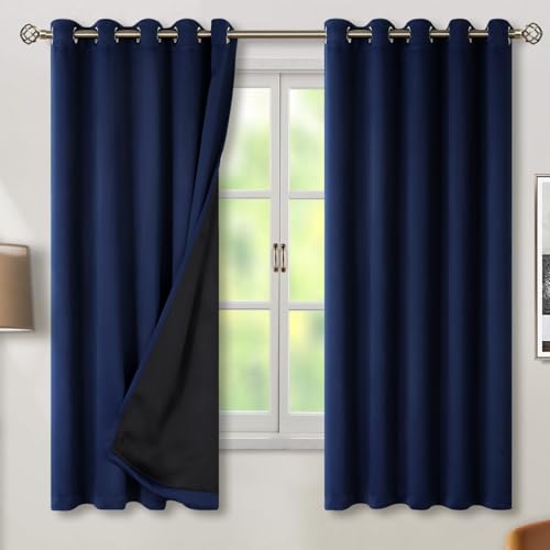 BGment Wärmeisolierte 100 % Verdunkelungsvorhänge für Schlafzimmer, mit schwarzem Futter, doppellagig, verdunkelnd, geräuschreduzierend, Ösenvorhang (152,4 x 160,9 cm, Marineblau, 2 Stoffbahnen) von BGment