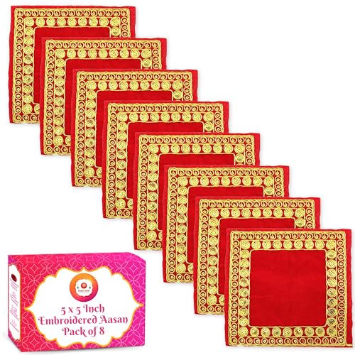 Bhakti Lehar (12,7 x 12,7 cm) kleiner bestickter roter Samt, Pooja Aasan Tuch für Gott Idol, Zari-Design, Samt, Chowki Assan Kapda für Zuhause, Mandir, Tempelregal und Gott Idol sitzend, 8 Stück von BHAKTI LEHAR - Premium Range Of Pooja Accessories