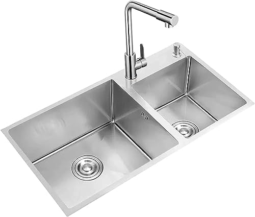 Edelstahlspüle Silber Küchenspüle Große Doppelbeckenspüle mit Wasserhahn Verdickter Edelstahl 304 Komplettes Zubehör (Farbe: Silber, Größe: 78 x 43 x 23 cm) von BHBXZZDB