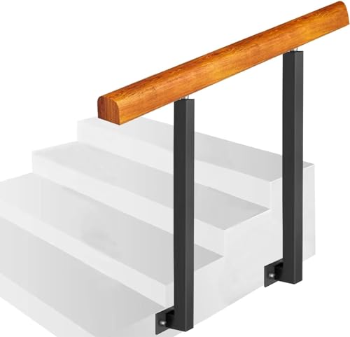 Treppengeländer für den Außenbereich, passend für 1 oder 2 Stufen, flexibler Übergangshandlauf, Geländer aus Holz für die Veranda, mit 2 Metallpfosten aus Schmiedeeisen (Farbe: Höh von BHBXZZDB