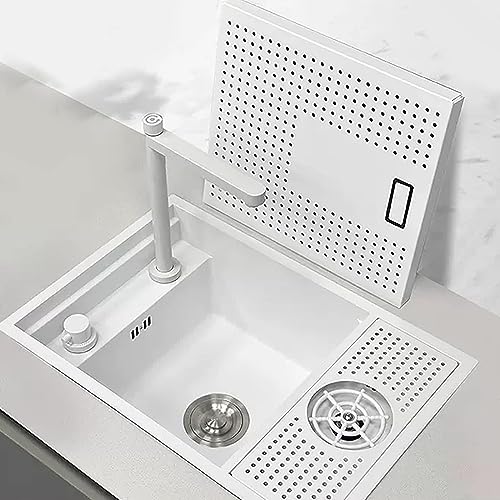 Weiße unsichtbare Spüle, Edelstahlspüle mit Tassenwaschanlage, Barspüle mit Abdeckung, verdeckte Küchenspüle, anhebbarer Wasserhahn (Größe: 55 x 32 x 22 cm) von BHBXZZDB