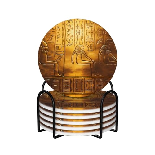 Runde Keramik-Kork-Untersetzer, 6 Stück, ägyptische Hieroglyphen, bedruckt: rutschfester Korkboden, passend für alle Kaffeetassen, Sportbecher und Becher von BHCASE