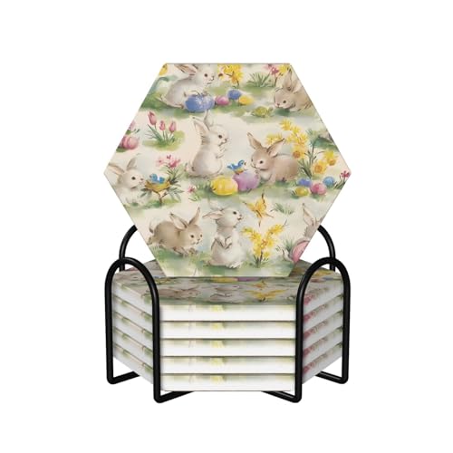 Sechseckige Keramik-Kork-Untersetzer, 6 Stück, Vintage-Blume, Hase, Ostern, bedruckt: rutschfester Korkboden, passend für alle Kaffeetassen, Sportbecher und Becher Sechseckige Keramik-Kork-Untersetzer, 6 Stück, Vintage-Blume, Hase, Ostern, bedruckt: rutschfester Korkboden, passend für alle Kaffeetassen, Sportbecher und Becher von BHCASE