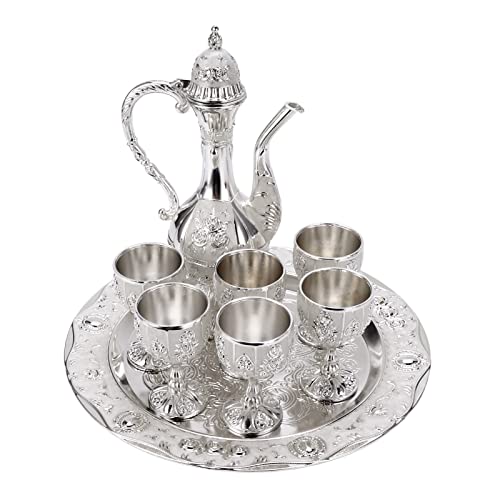 BHDK Vintage Exquisite Metall Weinglas Krug Set,Retro Türkischen Europäischen Stil Kunsthandwerk Teekanne Weinkanne Kit mit 6 Luxus Kaffeetassen & Craft Tee Tablett Zum Servieren von Kaffee von BHDK