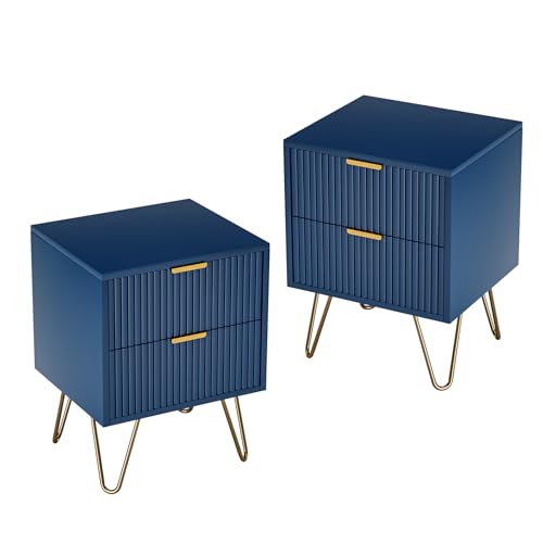 2er Set Nachttische mit 2 Schubladen & Metallfüßen,Nachtschrank 40x50x35 cm,Dunkelblau Nachtkommode für Boxspringbett Sofatisch Beistelltisch Schlafzimmer & Wohnzimmer (2, Dunkelblau+2 Schubladen) von BHFFTHK