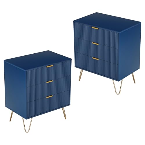 2er Set Nachttische mit 3 Schubladen & Metallfüßen,Nachtschrank 60x70x40 cm,Dunkelblau Nachtkommode für Boxspringbett Sofatisch Beistelltisch Schlafzimmer & Wohnzimmer (2, Dunkelblau+3 Schubladen) von BHFFTHK