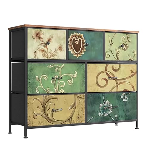 BHFFTHK Kommode mit 7 schubladen aus Stoff,30 cm Schmal Schminktisch Komodenschrank Schubladenschrank für Schlafzimmer TV Schrank Schrank mit Stoffschubladen Metallrahmen Holzoberfläche von BHFFTHK