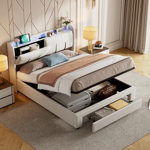 BHFFTHK Polsterbett Doppelbett 140x200 cm,Hydraulisch Stauraumbett Funktionsbett mit Stauraum-Kopfteil mit USB und LED Beleuchtung,jugendbett Rückenlehne Bettgestell mit Lattenrost,Samtstoff,Beige von BHFFTHK