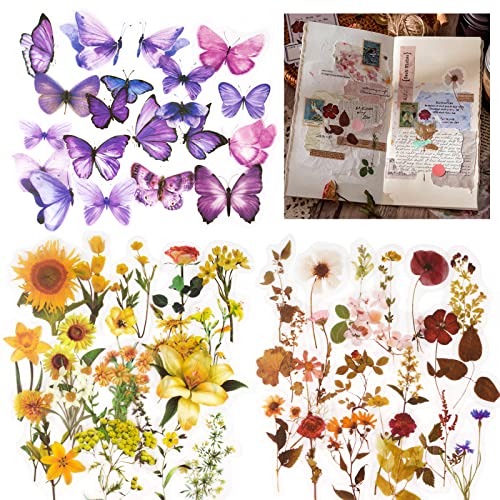 120Pcs Scrapbooking Sticker Blumen Scrapbooking Aufkleber Schmetterlinge Vintage DIY Basteln Deko für Album Notizbuch Kalender Umschlag(Bunt-B) von BHGT