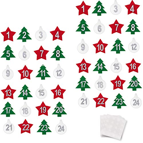 2 Set Filz Adventskalender Weihnachten Zahlen 1-24 Sticker Aufkleber Weihnachtskalender Adventskalender Nummern Adventszahlen Zahlen Buttons 1-24 Selbstklebend Zum Basteln (Rot-Grün-Weiß in Formen) von BHGT