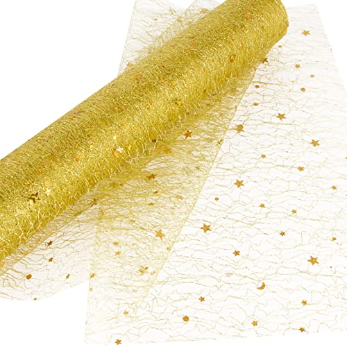30cm x 4.5M Tüll Rolle Gold Tüllstoff Sterne Mond mit Glitzer Tüll Stoff Tischläufer Tischband Tüllband Deko für Weihnachten Hochzeit Ramadan Eid Mubarak DIY Basteln(Gold) von BHGT