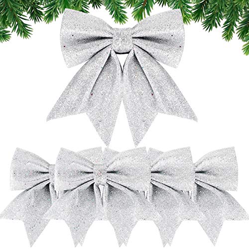 5 Stück Weihnachtsbaum Schleifen Silber Weihnachten Deko Glitzer Schleifen Weihnachtsbaum Bogen Schleife Deko Weihnachtsbaumschmuck Schleifen für Zuhause Festival Party Baumkranz Dekorationen von BHGT