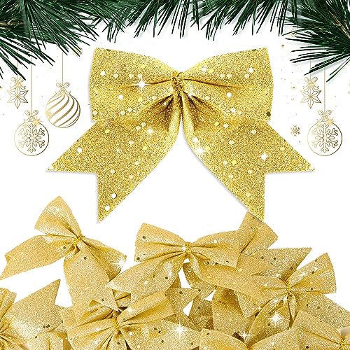 BHGT 24 Stück Weihnachten Schleifen Gold Weihnachtsschleifen Glitzer Schleifen Weihnachtsbaum Bogen Tannenbaum Schelifen Weihnachtsdeko Weihnachtsbaumschmuck Weihnachtskranz Deko (Gold) von BHGT
