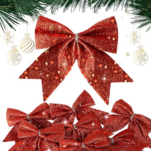 BHGT 24 Stück Weihnachten Schleifen Rot Weihnachtsschleifen Glitzer Schleifen Weihnachtsbaum Bogen Tannenbaum Schelifen Weihnachtsdeko Weihnachtsbaumschmuck Weihnachtskranz Deko (Rot) von BHGT