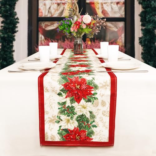 BHGT 33x183cm Weihnachten Tischläufer Jute Weihnachtsstern Blumen Rot Weihnachtstischläufer Tischdeko Weihnachtsdeko Tisch Tischband von BHGT