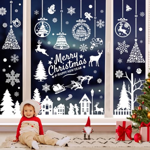 197 Fensterbilder Weihnachten Selbstklebend, Weihnachtsfenster Bilder Weihnachtsdeko Fenster Deko, Weiß Schneeflocken Fenstersticker Weihnachten Weihnachts Fensterdeko, Fensterbilder Weihnachten Groß von BHGWR