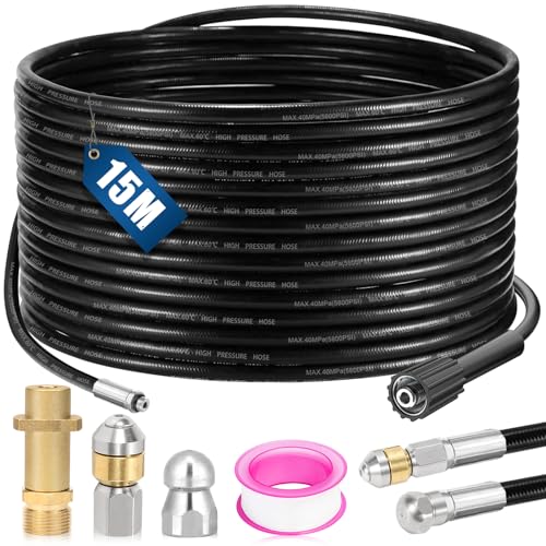 Rohrreinigungsschlauch 15M Kompatibel mit Kärhcer Rohrreinigungsset, Hochdruckreiniger Schlauch 180Bar 60°C mit Adapter und Düsen Starr für Kärcher K2 K3 K4 K5 K6 K7 von BHHTBB