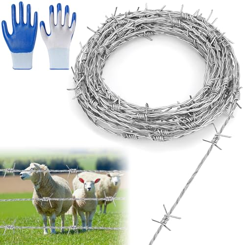 Stacheldraht Tierabwehr, Natodraht Stacheldrahtrolle 1,8mm x 10m, 4 Punkt Stacheldraht Verzinkt Zaun, mit Handschuhe, für Zaun, Drahtzaun, Weidezaun, Abwehr gegen Marder Baseballschläger von BHHTBB