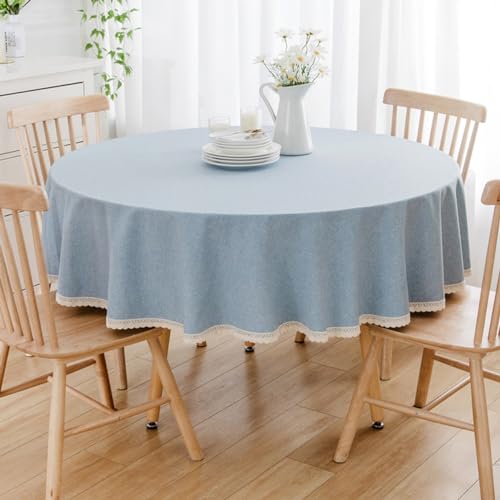 BHOMTY Runde Tischdecke aus Baumwollleinen, geeignet für Esstische, Kaffeetische, maschinenwaschbar, Hellblau, Durchmesser 120 cm von BHOMTY