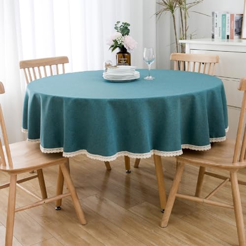 BHOMTY Runde Tischdecke aus Baumwollleinen, geeignet für Esstische, Kaffeetische, maschinenwaschbar, Pfauenblau, Durchmesser 120 cm von BHOMTY