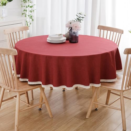 BHOMTY Runde Tischdecke aus Baumwollleinen, geeignet für Esstische, Kaffeetische, maschinenwaschbar, Rot, Durchmesser 180 cm von BHOMTY