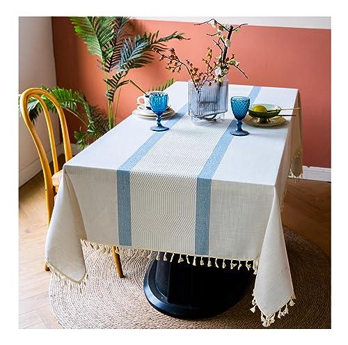 BHOMTY Tischdecke aus Baumwoll-Leinen mit Fransen Geeignet für Küchen-, ESS- und Couchtische Maschinenwaschbar Himmelblau 140 x 200 cm von BHOMTY
