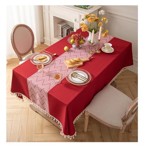 BHOMTY Tischdecke aus Baumwolle und Leinen mit Fransen Für Küche, Esszimmer und Couchtisch Maschinenwaschbar Rot 100 * 160cm von BHOMTY