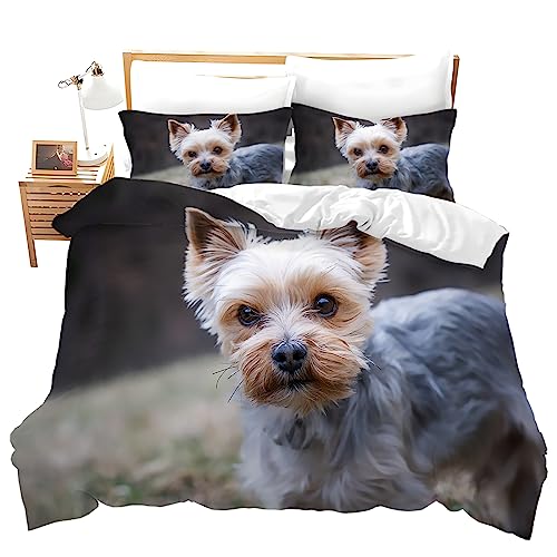 BIAFRA BettwäSche 135x200 Grauer Yorkshire-Terrier Microfaser Wendemotiv Bettbezug Set Weich pflegeleicht - 3D Bettbezüge mit Reißverschluss und 2 Kissenbezüge 80x80 von BIAFRA