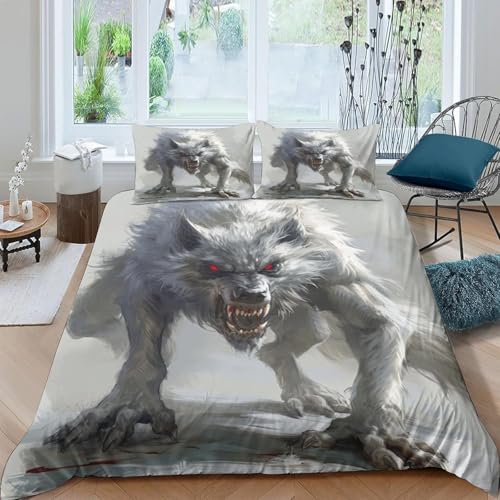 BIAFRA Bettwäsche 135x200 Werwolf Bettwäsche-Sets mit Reißverschluss Weich und Atmungsaktiv Grau Mikrofaser Allergien Vorbeugen Bettbezug 135x200 + 2 Kissenbezug 80x80 von BIAFRA