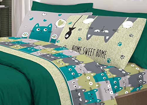 BIANCHERIAWEB Bettwäsche-Set für Doppelbett, 100 % Baumwolle, Design Happy Cat, Grün von BIANCHERIAWEB