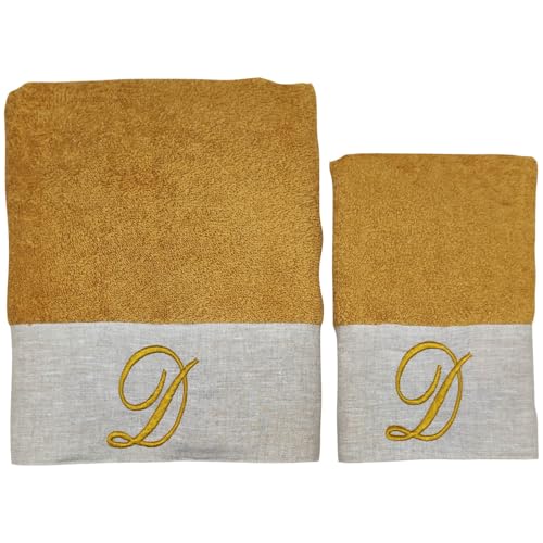 BIANCOPERLA Handtuch-Set für Gesicht und Gästehandtuch aus Baumwolle mit Rüschen aus Leinen und bestickter Initiale (Ocker, Buchstabe D) von BIANCOPERLA
