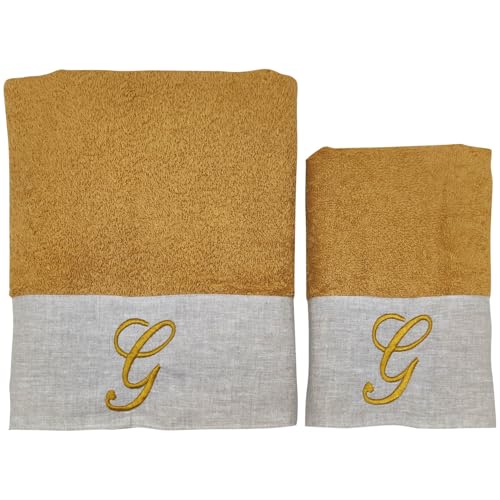 BIANCOPERLA Handtuch-Set für Gesicht und Gästehandtuch aus Baumwolle mit Rüschen aus Leinen und bestickter Initiale (Ocker, Buchstabe G) von BIANCOPERLA