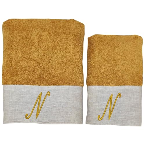 BIANCOPERLA Handtuch-Set für Gesicht und Gästehandtuch aus Baumwolle mit Rüschen aus Leinen und bestickter Initiale (Ocker, Buchstabe N) von BIANCOPERLA