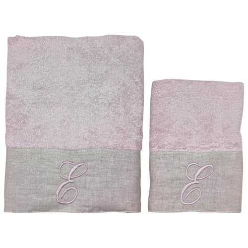 BIANCOPERLA Handtuch-Set für Gesicht und Gästehandtuch aus Baumwolle mit Rüschen aus Leinen und bestickter Initiale (Puder, Buchstabe E) von BIANCOPERLA