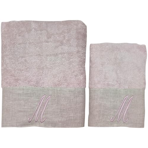BIANCOPERLA Handtuch-Set für Gesicht und Gästehandtuch aus Baumwolle mit Rüschen aus Leinen und bestickter Initiale (Puder, Buchstabe M) von BIANCOPERLA
