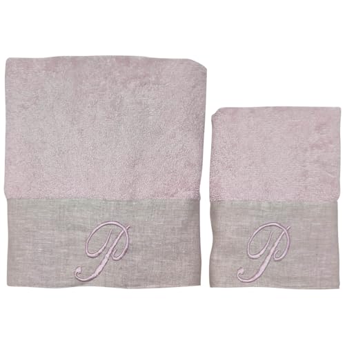 BIANCOPERLA Handtuch-Set für Gesicht und Gästehandtuch aus Baumwolle mit Rüschen aus Leinen und bestickter Initiale (Puder, Buchstabe P) von BIANCOPERLA