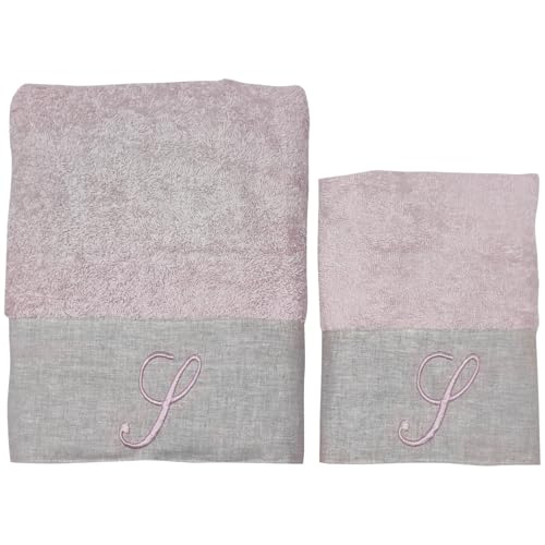 BIANCOPERLA Handtuch-Set für Gesicht und Gästehandtuch aus Baumwolle mit Rüschen aus Leinen und bestickter Initiale (Puder, Buchstabe S) von BIANCOPERLA