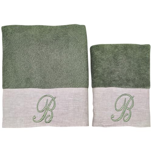 BIANCOPERLA Handtuch-Set für Gesicht und Gästehandtuch aus Baumwolle mit Rüschen aus Leinen und bestickter Initiale (Salbei, Buchstabe B) von BIANCOPERLA