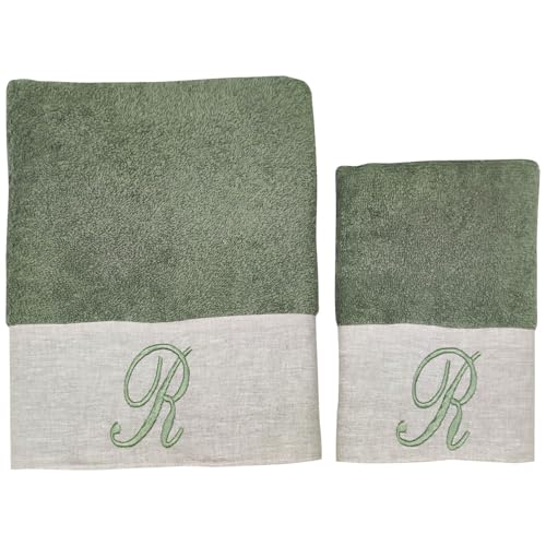 BIANCOPERLA Handtuch-Set für Gesicht und Gästehandtuch aus Baumwolle mit Rüschen aus Leinen und bestickter Initiale (Salbei, Buchstabe R) von BIANCOPERLA