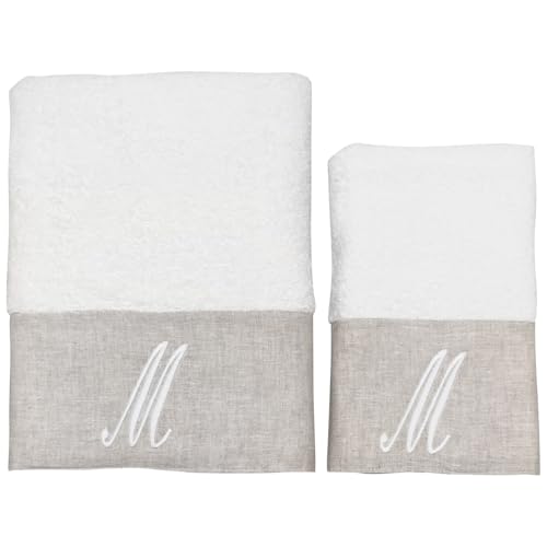 BIANCOPERLA Handtuch-Set für Gesicht und Gästehandtuch aus Baumwolle mit Rüschen aus Leinen und bestickter Initiale (Weiß, Buchstabe M) von BIANCOPERLA