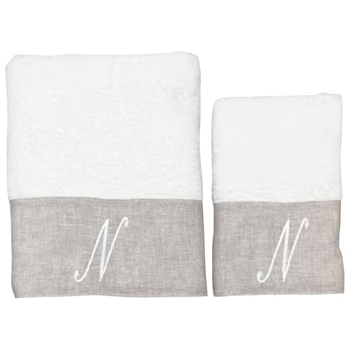 BIANCOPERLA Handtuch-Set für Gesicht und Gästehandtuch aus Baumwolle mit Rüschen aus Leinen und bestickter Initiale (Weiß, Buchstabe N) von BIANCOPERLA