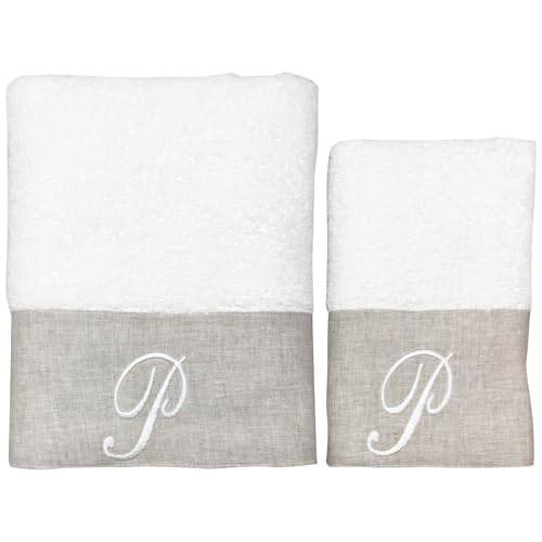 BIANCOPERLA Handtuch-Set für Gesicht und Gästehandtuch aus Baumwolle mit Rüschen aus Leinen und bestickter Initiale (Weiß, Buchstabe P) von BIANCOPERLA