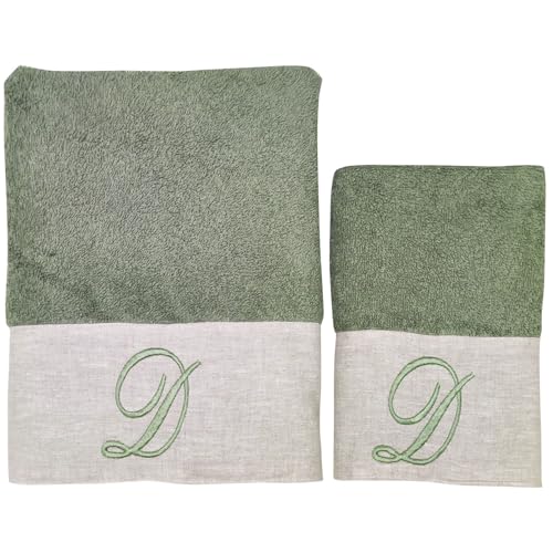 BIANCOPERLA Set Gesichts- und Gästehandtücher aus Baumwolle mit Rüschen aus Leinen und bestickter Initiale (Salbei, Buchstabe D) von BIANCOPERLA