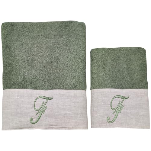 BIANCOPERLA Set Gesichts- und Gästehandtücher aus Baumwolle mit Rüschen aus Leinen und bestickter Initiale (Salbei, Buchstabe F) von BIANCOPERLA