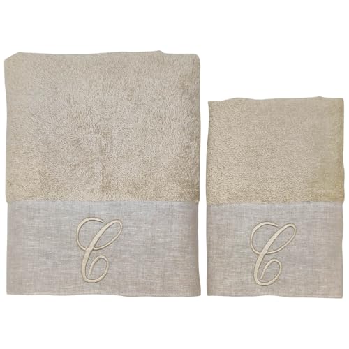 BIANCOPERLA Set Gesichts- und Gästehandtücher aus Baumwolle mit Rüschen aus Leinen und bestickter Initiale (Sand, Buchstabe C) von BIANCOPERLA