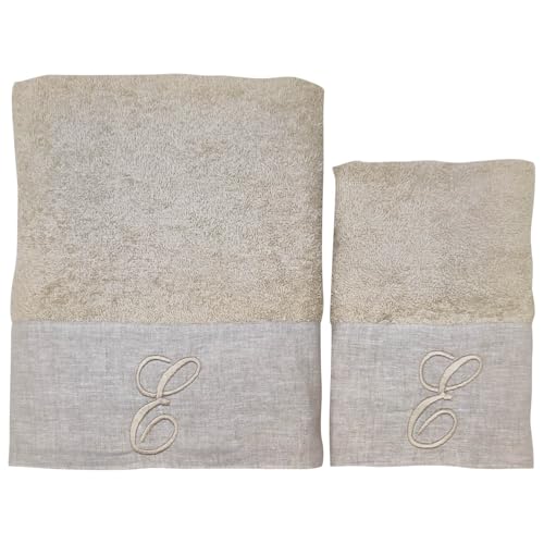 BIANCOPERLA Set Gesichts- und Gästehandtücher aus Baumwolle mit Rüschen aus Leinen und bestickter Initiale (Sand, Buchstabe E) von BIANCOPERLA