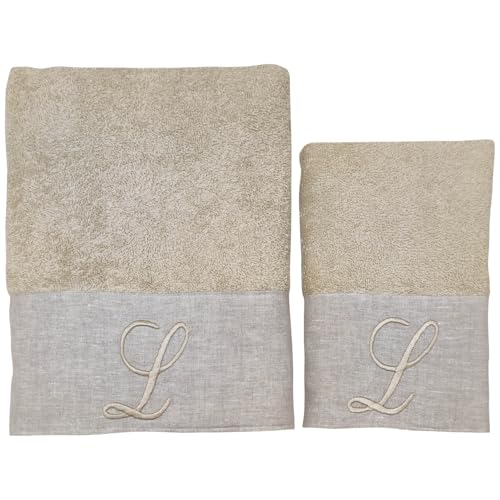 BIANCOPERLA Set Gesichts- und Gästehandtücher aus Baumwolle mit Rüschen aus Leinen und bestickter Initiale (Sand, Buchstabe L) von BIANCOPERLA