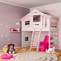 Hochbett - Kinderbett - Etagenbett Länge 200 x Breite 90 cm, mit Türchen - Rosa - Bibex von BIBEX